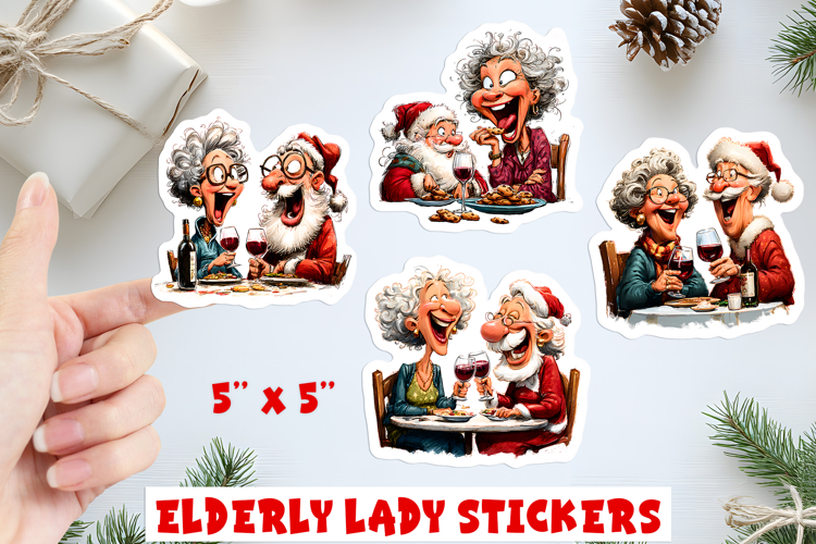 Christmas stickers, humor elderly old lady with Santa Claus