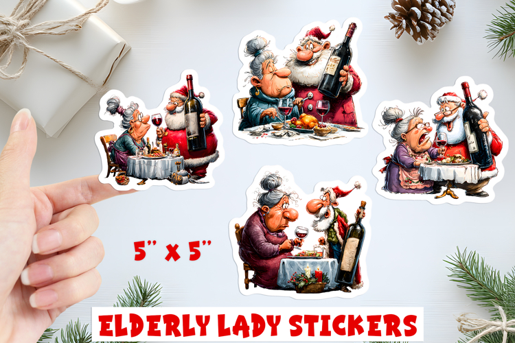 Christmas stickers, humor elderly old lady with Santa Claus