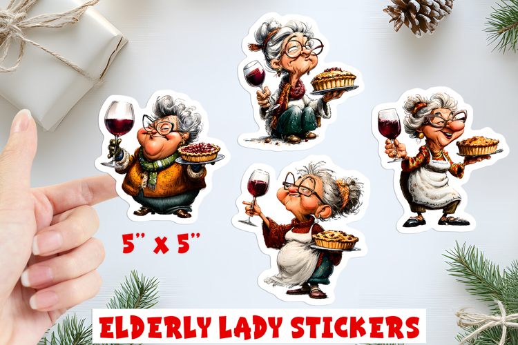 Christmas stickers funny elderly old lady with glass of wine