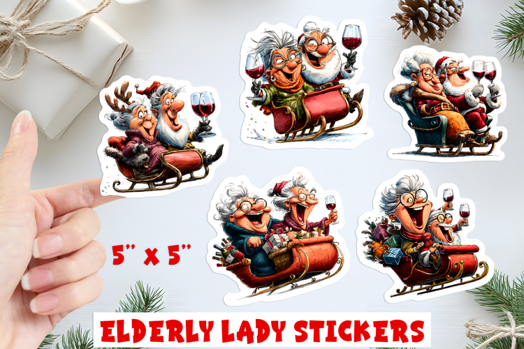 Christmas stickers, elderly old lady Santa Claus in sleigh