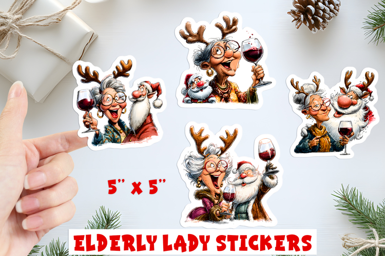 Christmas stickers, elderly lady Santa Claus drinking wine