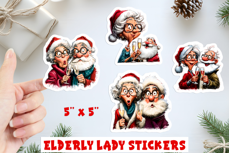 Christmas stickers, funny old lady Santa Claus drinking wine