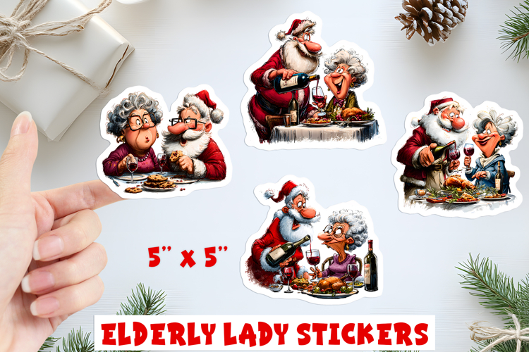 Christmas stickers, funny smiling lady Santa drinking wine