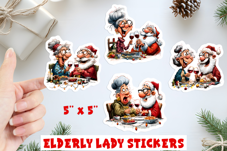Humor Christmas stickers, funny lady Santa drinking wine PNG