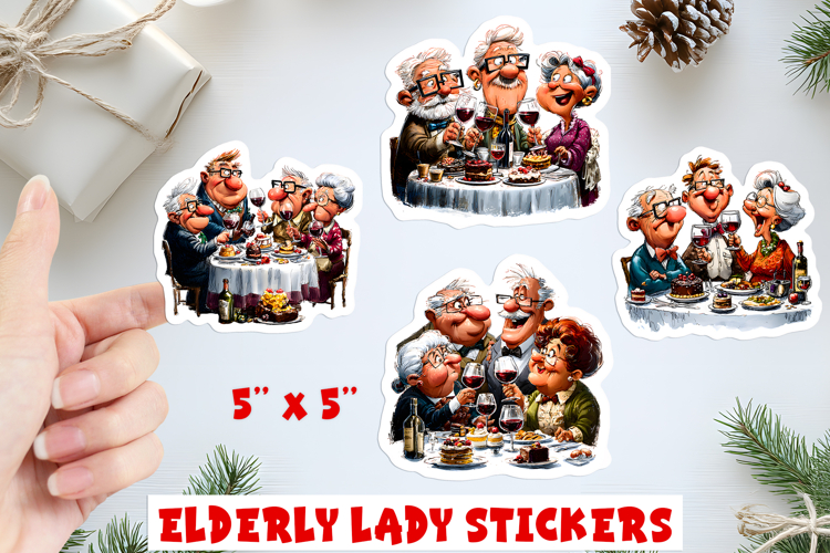 Christmas stickers, funny happy elderly people, old lady PNG