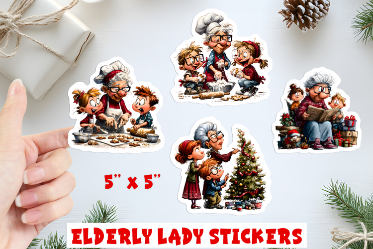 Christmas stickers, funny elderly old lady grandchildren PNG