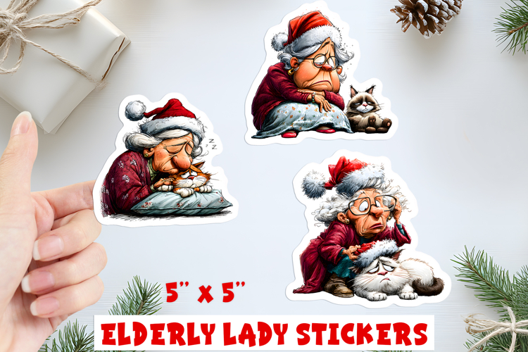 Christmas stickers, funny sad elderly old lady with cat