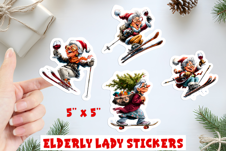 Christmas stickers, funny elderly old lady by ski with glass
