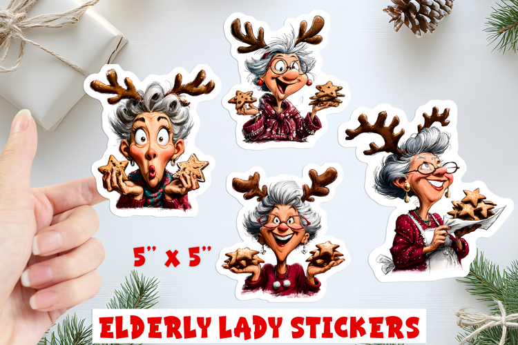 Christmas stickers, funny elderly old lady with cookies