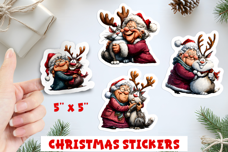 Christmas stickers, funny elderly old lady with cat stickers