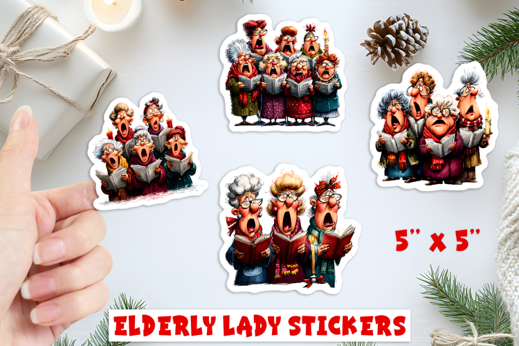 Christmas stickers, funny elderly old ladies singing PNG