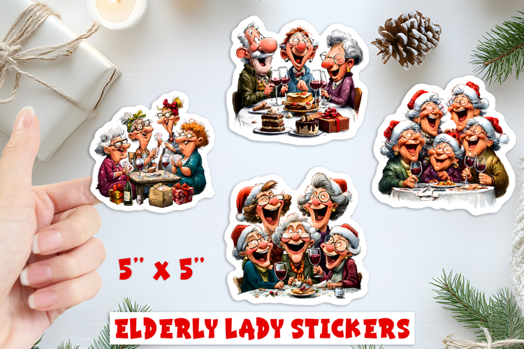 Christmas stickers, funny lady and best friends celebrating
