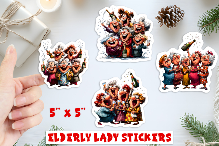 Christmas stickers, old lady and best friends celebrating