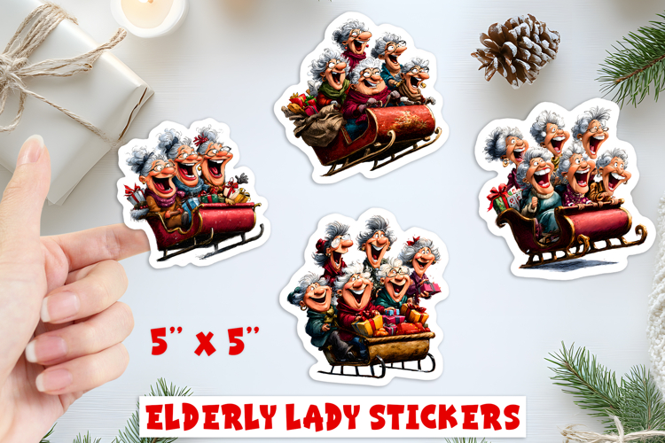 Christmas stickers, laughing old ladies friends Santa sleigh