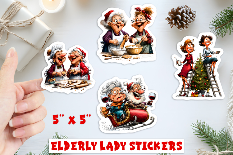 Christmas stickers, lady with Santa, friendship sticker PNG