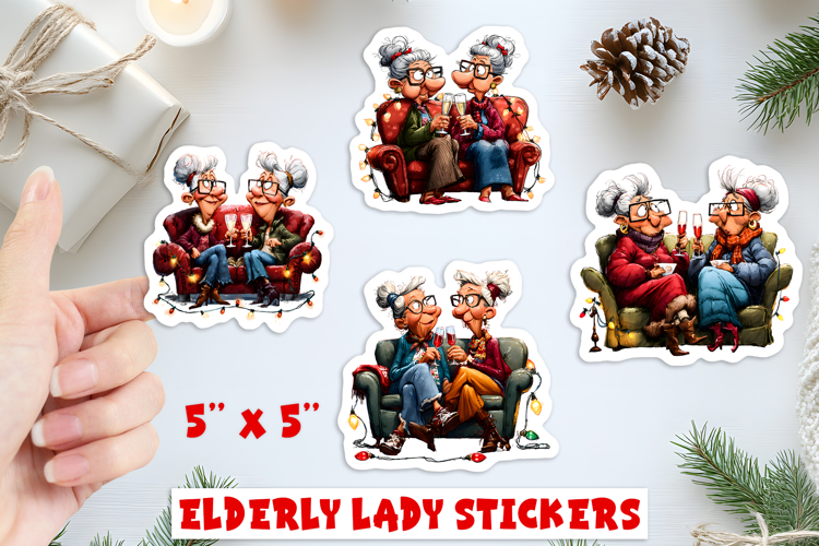 Christmas stickers, friendship elderly ladies with wineglass