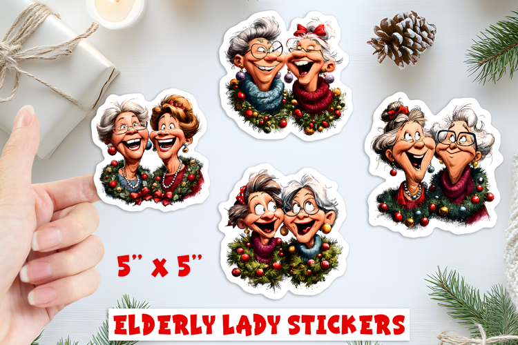 Christmas stickers, friendship elderly ladies with wreaths