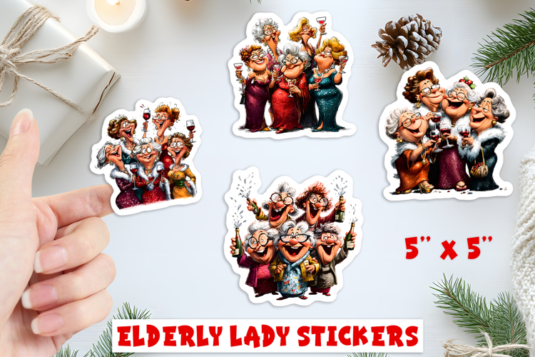 Christmas stickers, funny elderly old ladies celebrating PNG