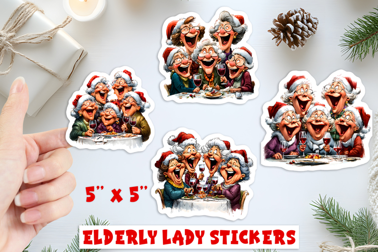Christmas stickers, old lady and best friends, celebration