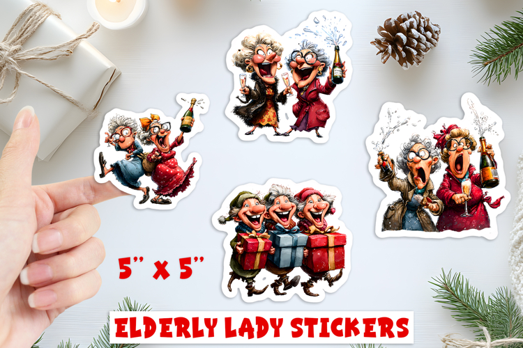 Christmas stickers, Humor old lady and best friend, wine PNG