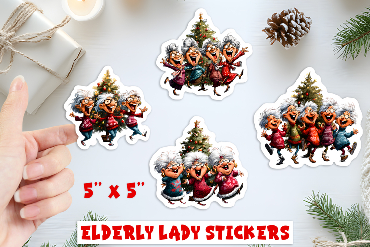 Christmas stickers, Humor old lady and best friends dancing