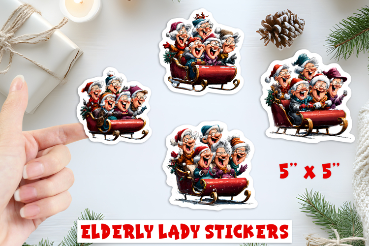 Christmas stickers, funny old lady with friends in sleigh
