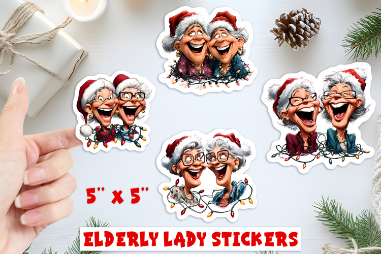 Christmas stickers, laughing old lady with best friend PNG