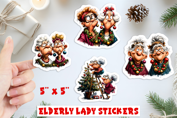 Christmas stickers, old lady with best friend, friendship