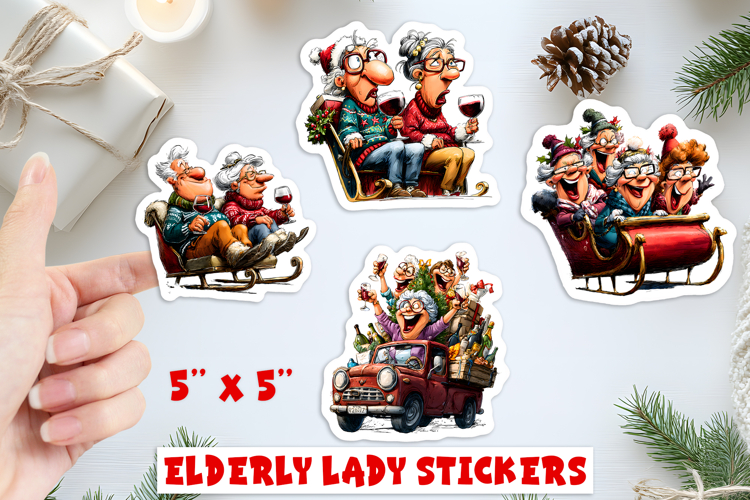Christmas stickers, lady with best friend, drinking wine PNG