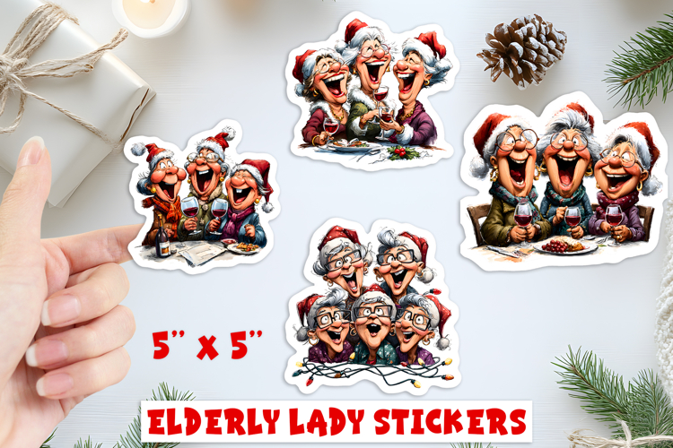 Christmas stickers, lady with best friends with Santas hat