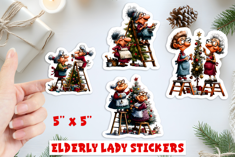 Christmas stickers, lady with best friend decorating tree