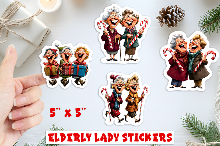 Christmas stickers, elderly lady with best friend, candy PNG