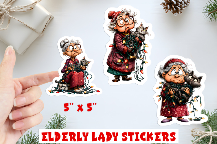 Christmas stickers, funny elderly old lady with a cat
