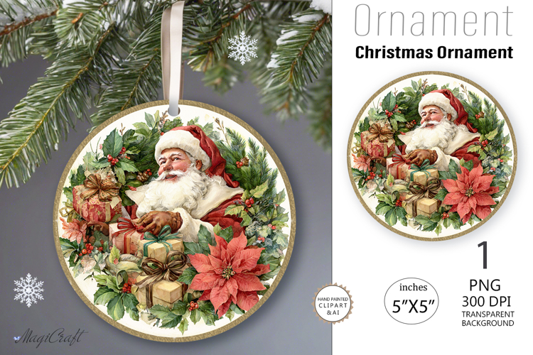 Santa Claus Ornament| Vintage poinsettia Round Ornament