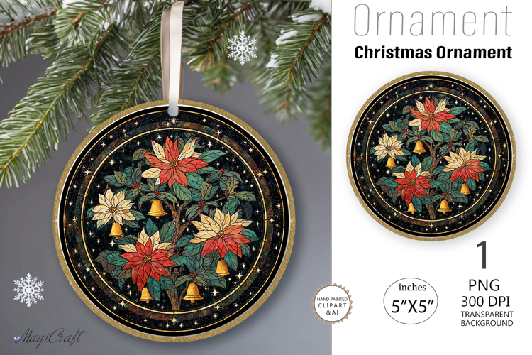 Christmas tree bells Ornament| Round Ornament poinsettia