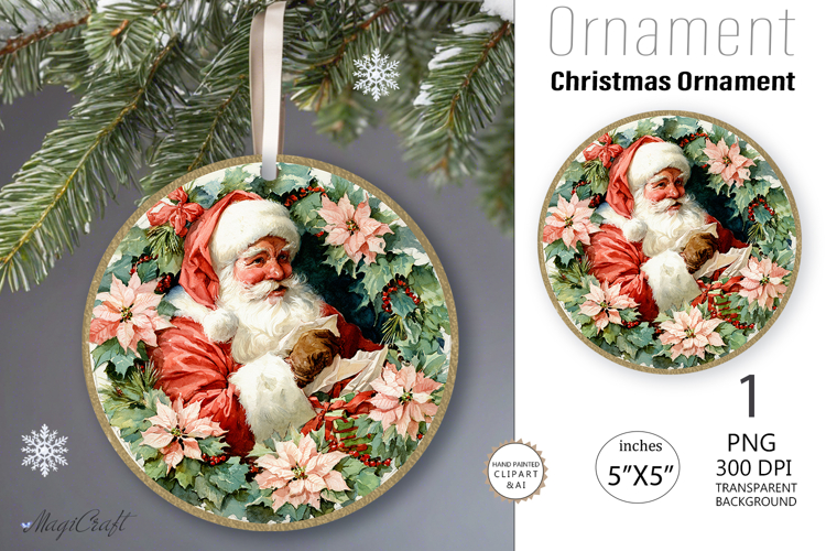 Santa Claus Ornament| Vintage poinsettia Round Ornament