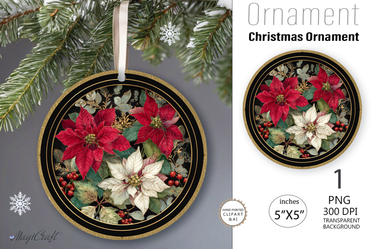 Christmas poinsettia vintage Ornament| Round Ornament