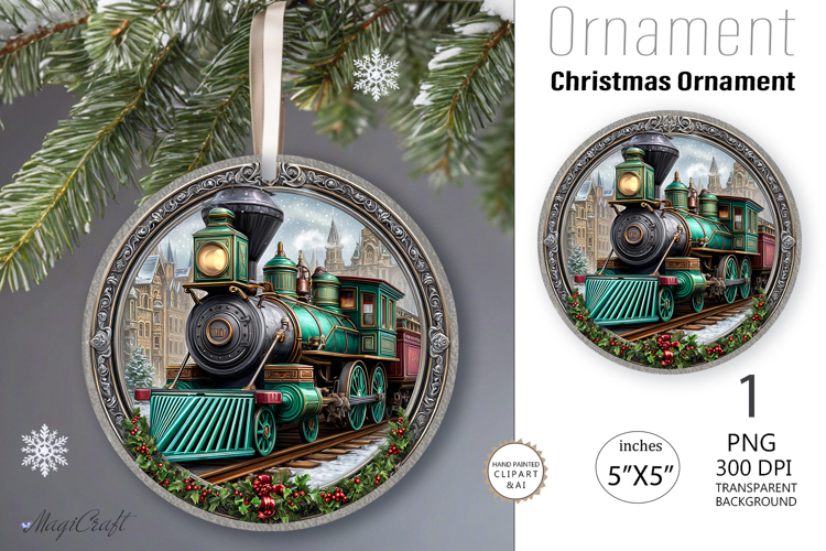 Christmas train decorated Round Ornament|Christmas leaves