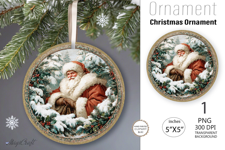 Santa Claus Ornament| Vintage poinsettia Round Ornament