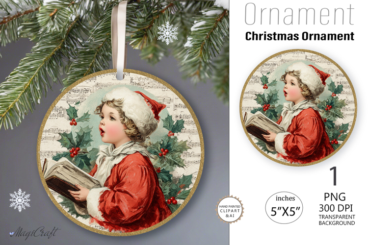 Christmas retro boy|Round Ornament| Vintage face boy sings