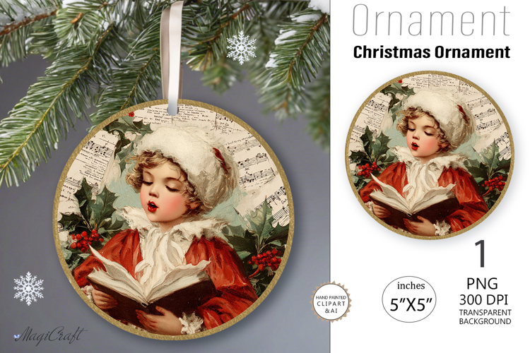 Christmas retro boy|Round Ornament| Vintage face boy sings