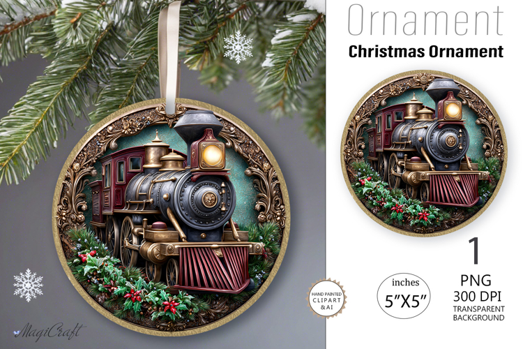 Christmas train decorated Round Ornament|Christmas leaves
