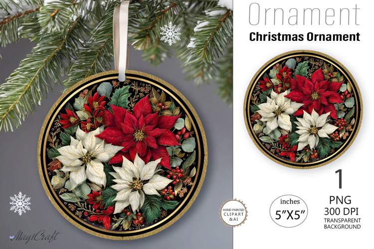 Christmas poinsettia vintage Ornament| Round Ornament