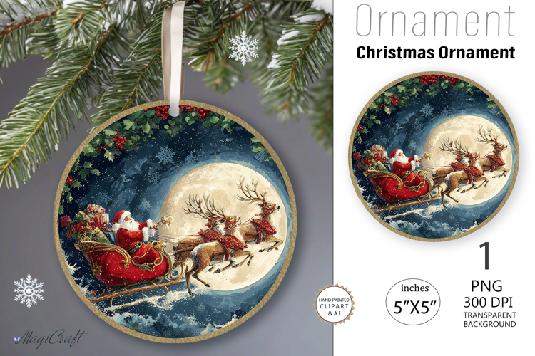 Santa Claus Ornament| Vintage Round Ornament moon reindeer