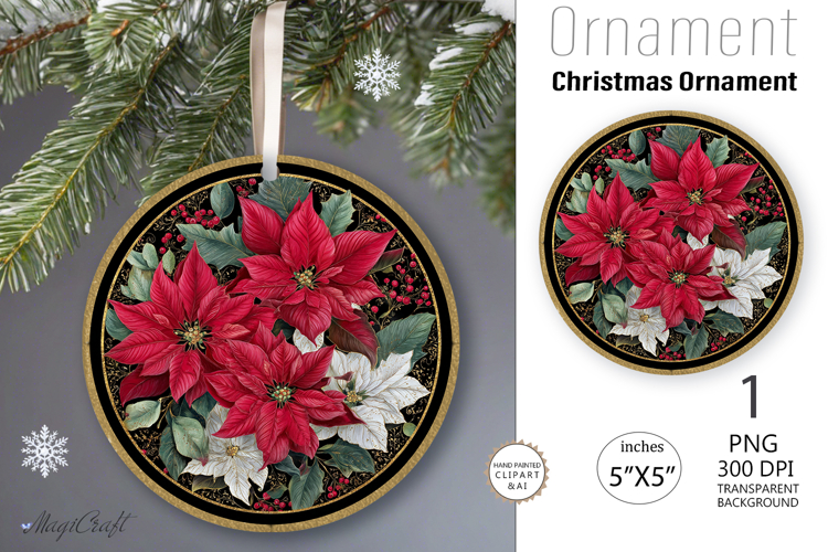 Christmas poinsettia vintage Ornament| Round Ornament