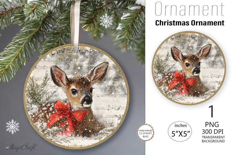 Christmas Deer Ornament| Vintage Round Ornamen|fawn clipart