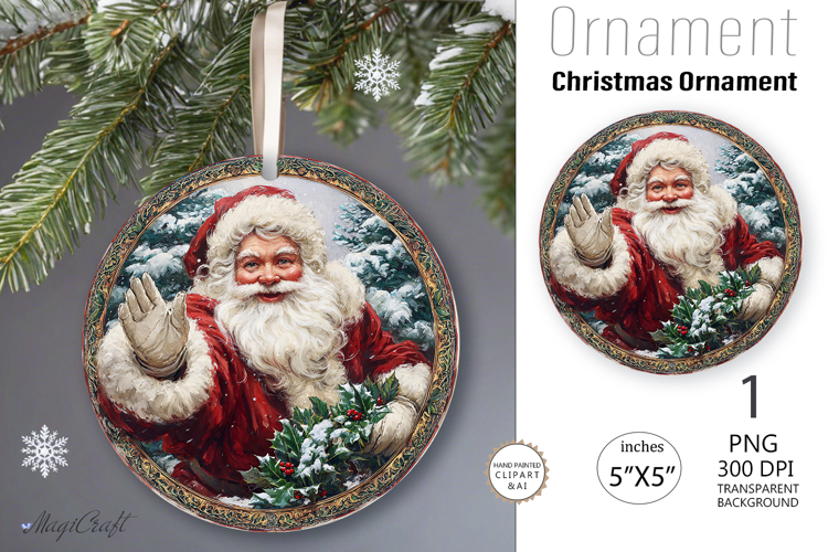 Santa Claus Ornament| Vintage poinsettia Round Ornament