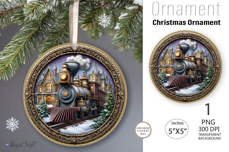 Christmas train decorated Round Ornament|Christmas leaves