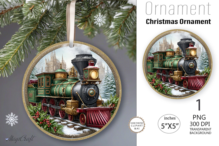 Christmas train decorated Round Ornament|Christmas leaves