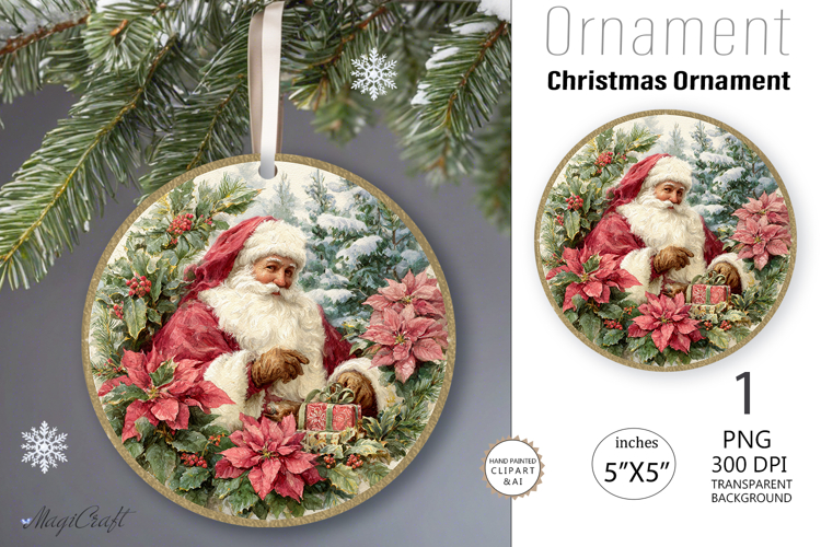 Santa Claus Ornament| Vintage poinsettia Round Ornament